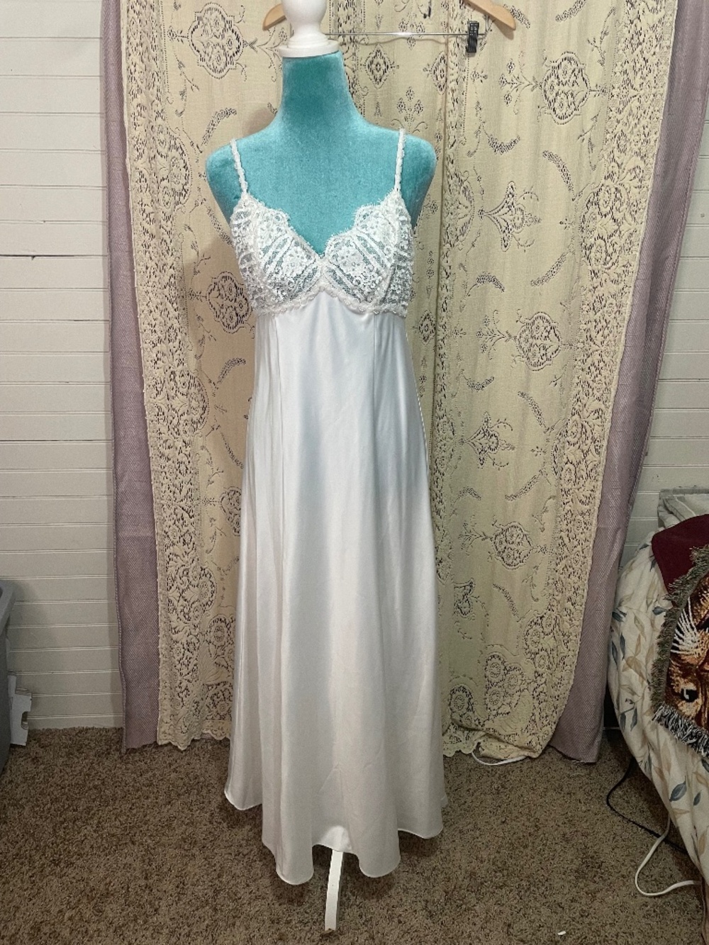 Flora: vintage white maxi lingerie slipwith lace and beaded bodice 6